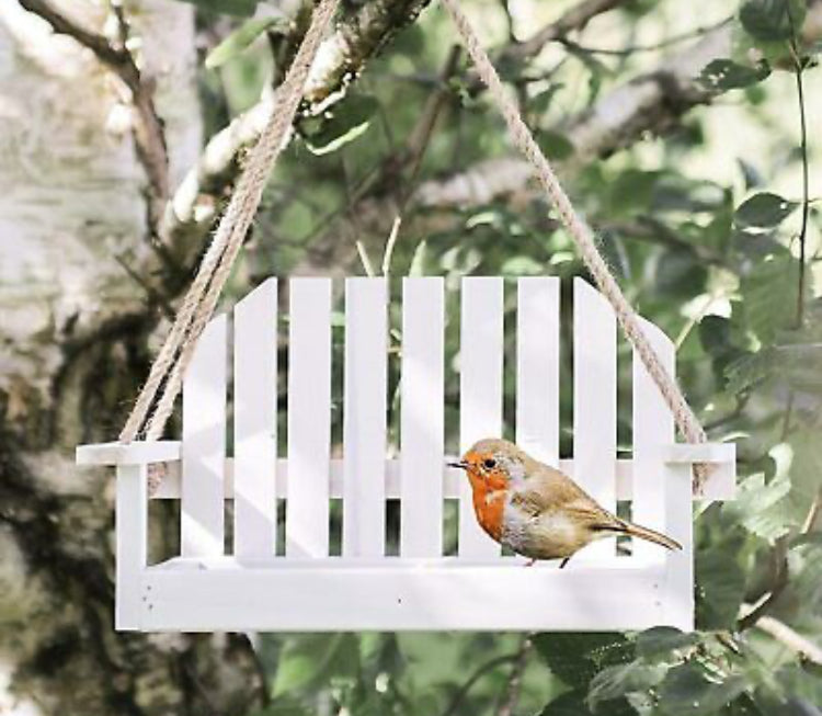 Wooden Hanging Garden Bench Bird Feeder Station White Seat • NEW valu2U • FREE DELIVERY