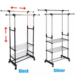 Double Clothes Rail Garment Coat Hanging Display Stand Shoes Rack With Wheels• NEW valu2U • FREE DELIVERY