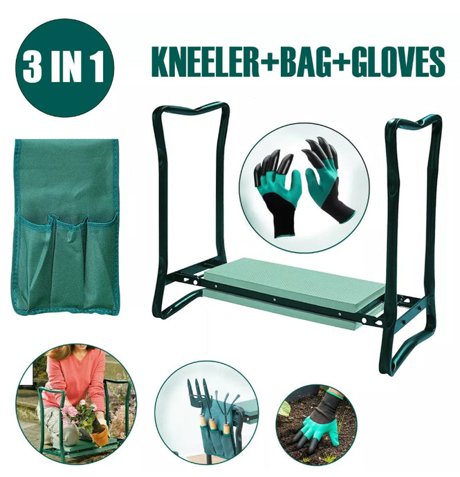 GARDEN KNEELER PORTABLE FOLDING STOOL, TOOL BAG & GLOVES