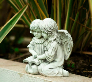 Vintage Stone Effect Guardian Angel & Girl Reading Statue Garden Ornament
