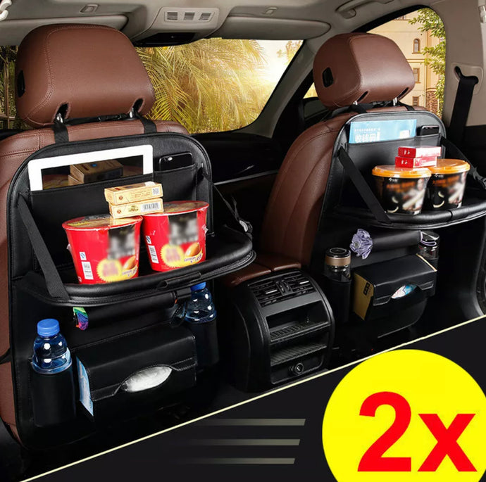 2 x Leather PU Car Seat Back Organiser Storage Foldable Table Tray