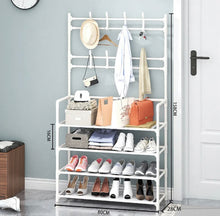 Load image into Gallery viewer, Metal Clothes Hanger Hat and Coat Stand 4 Tier Shoe Rack 8 Hooks
