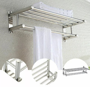 Double Chrome Towel Rail Holder Wall Mounted Bathroom Rack Shelf