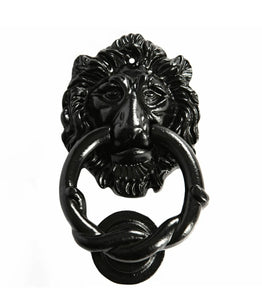 2 x Lion Head Door Knockers Cast Iron Vintage Antique Country Style H150mm Black