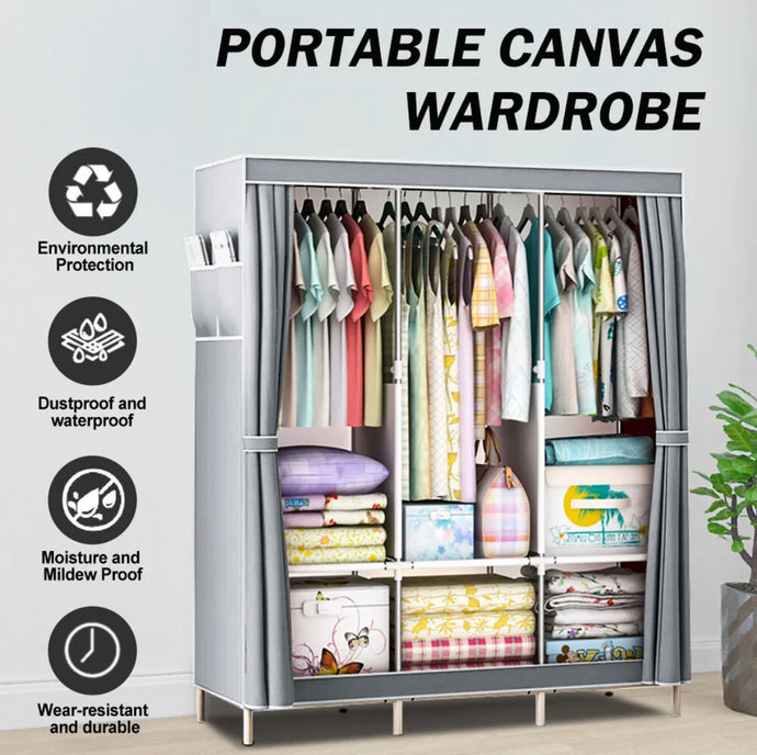 Large Triple Fabric Canvas Wardrobe Clothes Cupboard Hanging Rail