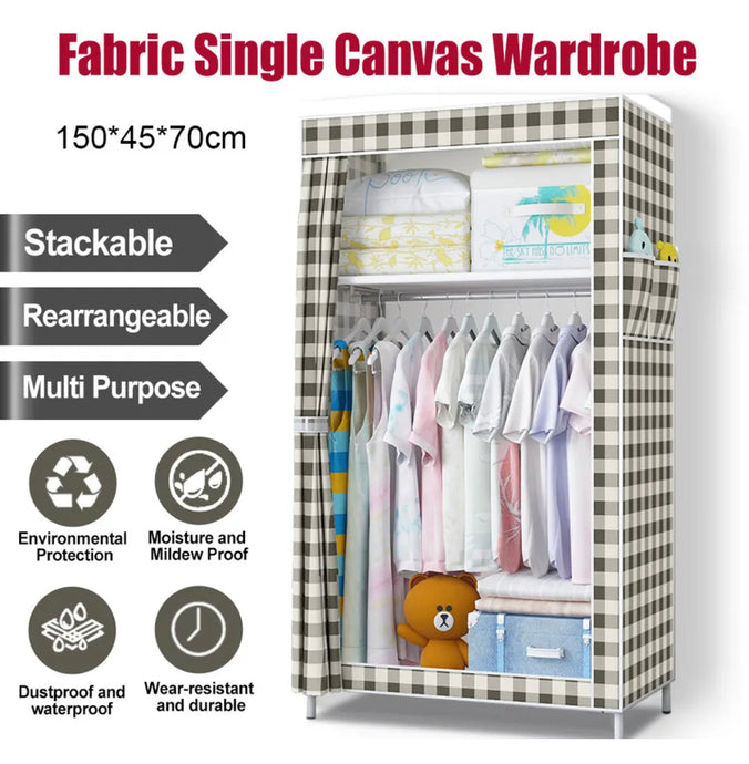 Portable Fabric Canvas Wardrobe w/Hanging Rail Shelving Clothes Storage Cupboard