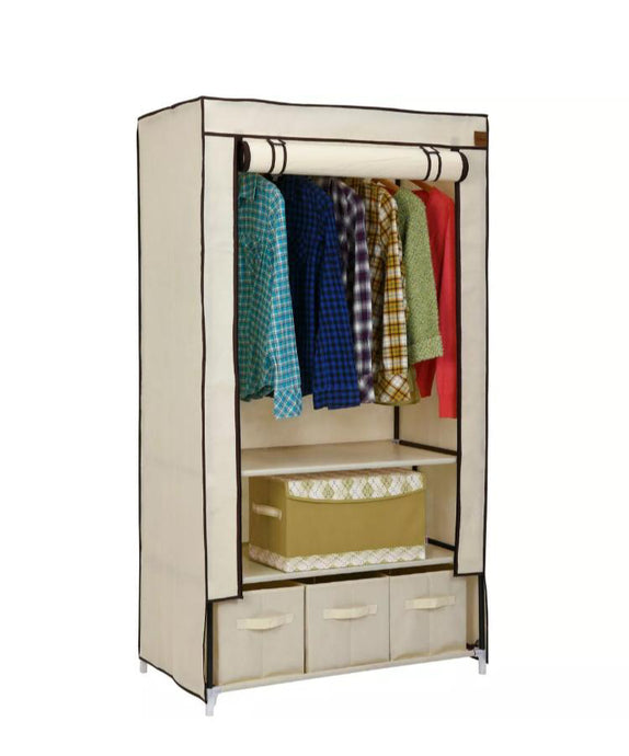 Fabric Canvas Wardrobe with Drawers & Hanging Rail Clothes Storage Cupboard 88x45x170cm | 3 Drawers Included