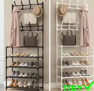 Metal Clothes Hanger Hat and Coat Stand 4 Tier Shoe Rack 8 Hooks