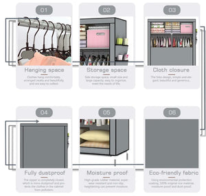 LOEFME Canvas Fabric Wardrobe Large Shelving Clothes Storage with Hanging Rail