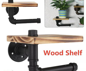 Industrial Urban Style Iron Pipe Toilet Paper Holder Roller With Wood Shelf Wall