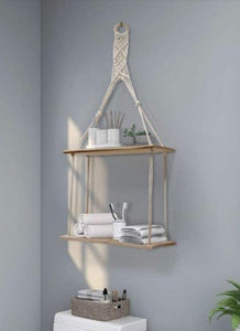 2 Tier Hanging Floating Rope Wooden Shelves