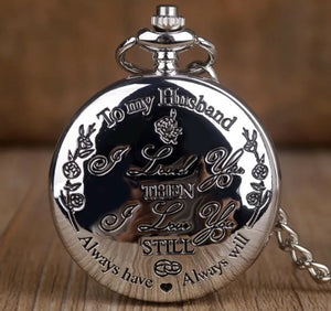 Pocket Watch "To MY HUSBAND I LOVE YOU” Quartz Pendant Chain Retro Gold or Silver • NEW valu2U • FREE DELIVERY