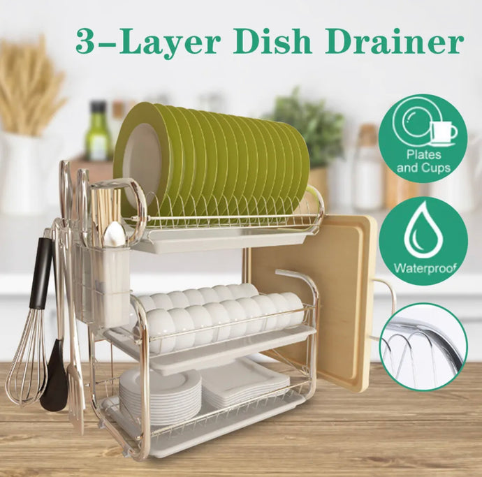 3 Tier Dish Drainer Metal Cutlery Draining Holder Plate Rack Tray Kitchen Sink
