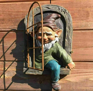 Elf Out The Door /Window Tree Fence Hugger Naughty Garden Gnome Statue