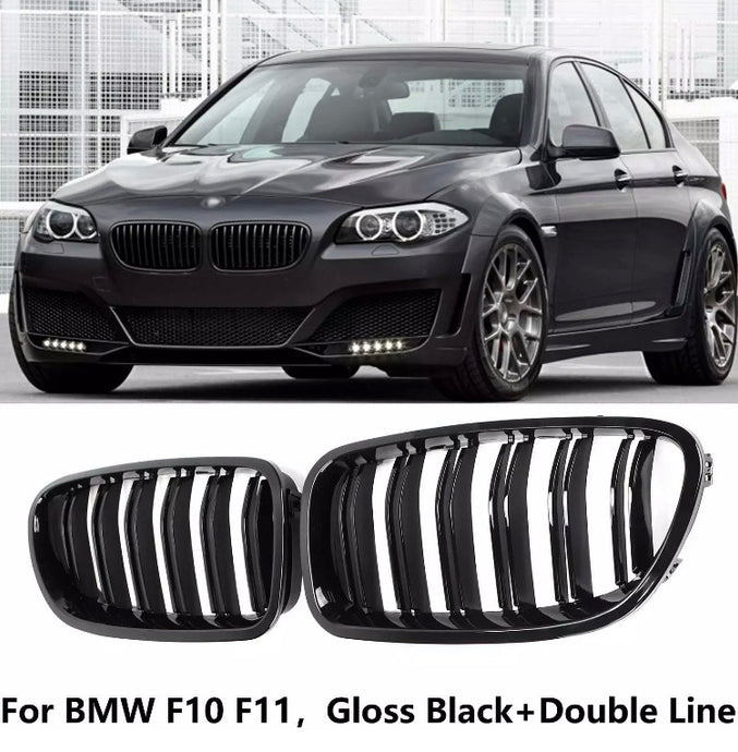 2 x Gloss Black Kidney Grills For BMW F10 F11 5 Series Twin Bar Slat M5 Look