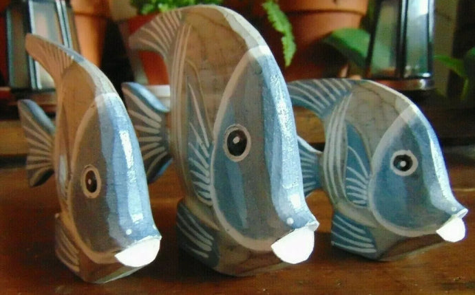 Hand Carved Made Wooden Tropical Angel Fish Set Of 3 Statue Ornaments