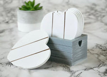 Load image into Gallery viewer, 6pc Grey Wooden Heart Coasters &amp; Holder Vintage Shabby Chic