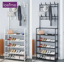 Load image into Gallery viewer, LOEFME Metal Hat and Coat Stand 5 Tiers Shoe Rack Hanger 8 Hooks White &amp; Black