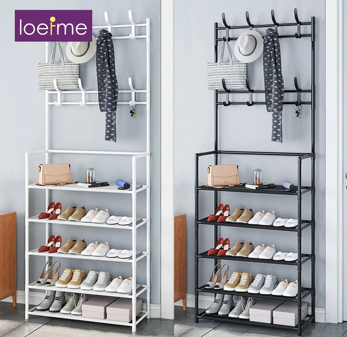 LOEFME Metal Hat and Coat Stand 5 Tiers Shoe Rack Hanger 8 Hooks White & Black