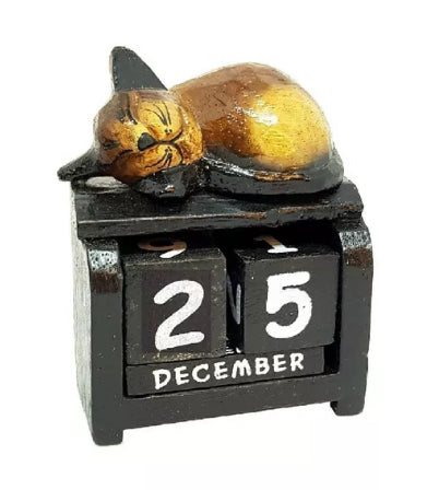 Fair Trade Hand Carved Made Wooden Bird Perpetual Calendar Owl Or Sleeping Cat • NEW valu2U • FREE DELIVERY