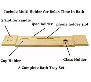 Premium Bamboo Bath Caddy Tray Bamboo Tidy Caddy Shelf w/Tablet Stand Wine Glass Holder • New Valu2u • Free Delivery
