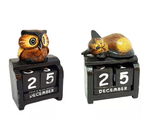 Fair Trade Hand Carved Made Wooden Bird Perpetual Calendar Owl Or Sleeping Cat • NEW valu2U • FREE DELIVERY