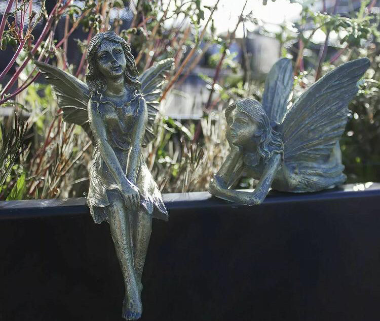 2 Fairy Statues Bronze Effect Garden Ornament