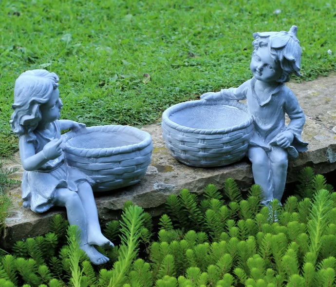 Garden Ornament Boy & Girl Cherubs Planters / Bird Feeders