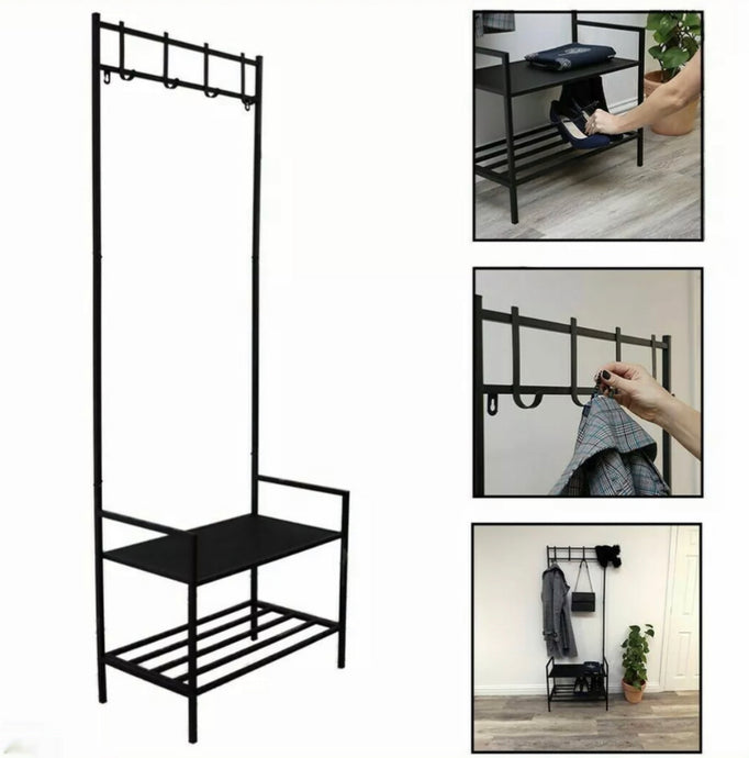 Coat Rack Hall Clothes Rail with 2-Tier Shoe Storage