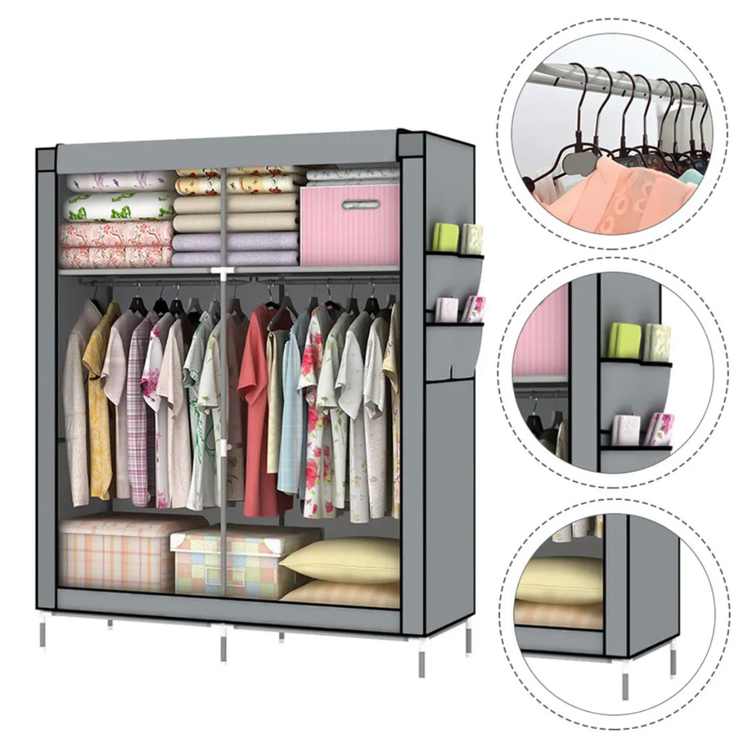 LOEFME Canvas Fabric Wardrobe Large Shelving Clothes Storage with Hanging Rail