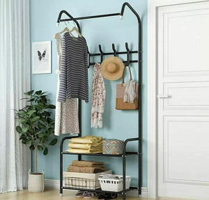 Black/White Metal 4 Hooks Hat and Coat Stand Clothes Shoe Rack Hanger Hook Shelf