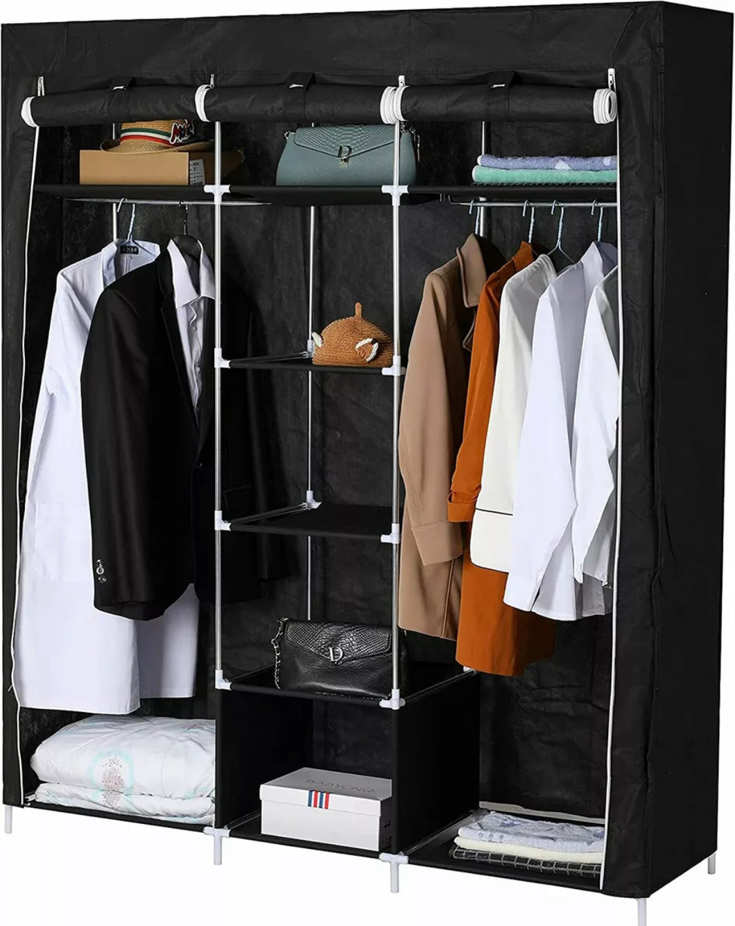 Free Standing Canvas Covered Wardrobe Clothes Rail Storage Rack