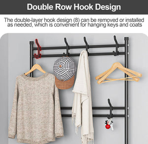 LOEFME Metal Hat and Coat Stand 5 Tiers Shoe Rack Hanger 8 Hooks White & Black