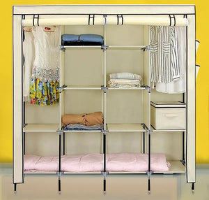 Portable Triple Canvas Wardrobe With Hanging Rail Storage Multiple Shelves