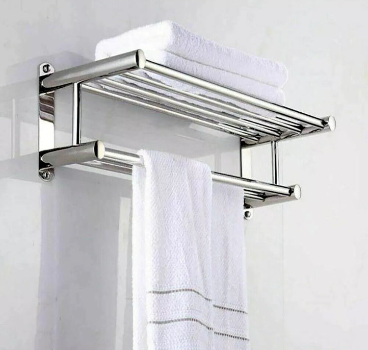 Double Chrome Towel Rail Holder Wall Mounted Bathroom Rack Shelf