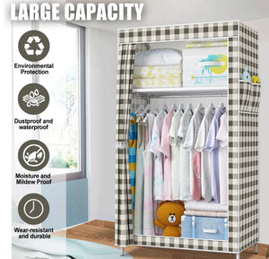 Portable Fabric Canvas Wardrobe w/Hanging Rail Shelving Clothes Storage Cupboard