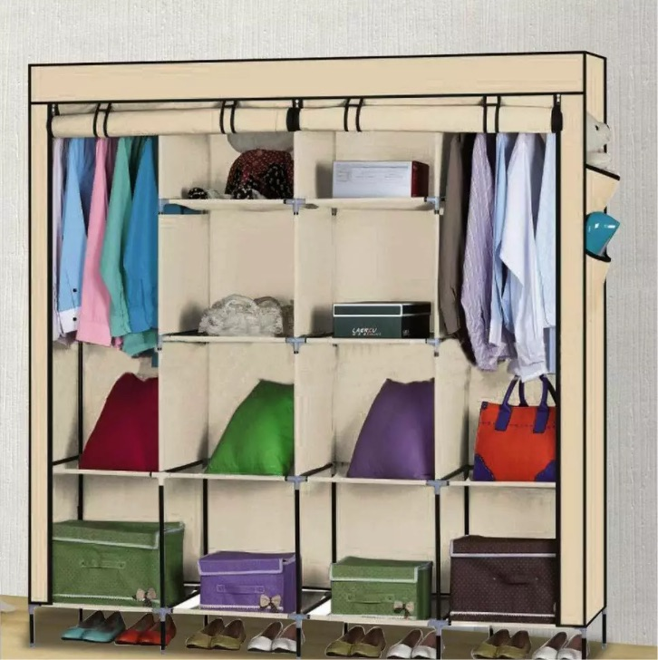 Portable Triple Canvas Wardrobe With Hanging Rail Storage Multiple Shelves