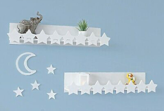 2x White Floating Star & Moon Shelves Nursery Shelf Storage Kids Bedroom Wall