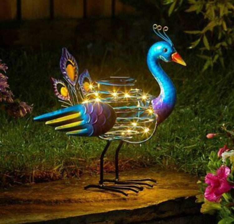 Solar Powered Peacock Spiral Light Outdoor Garden Exotic Bird Statue LED