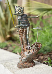 Elf Mushroom Garden Ornament Bronze Effect Outdoor Fairy Statue Sculpture Figure