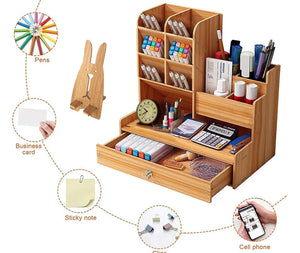 Wooden Desk Organiser with Drawer Pen Pencil Holder Storage