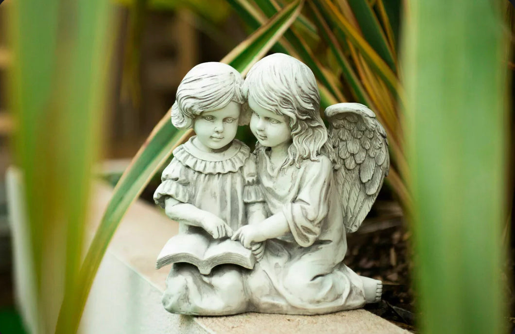 Vintage Stone Effect Guardian Angel & Girl Reading Statue Garden Ornament