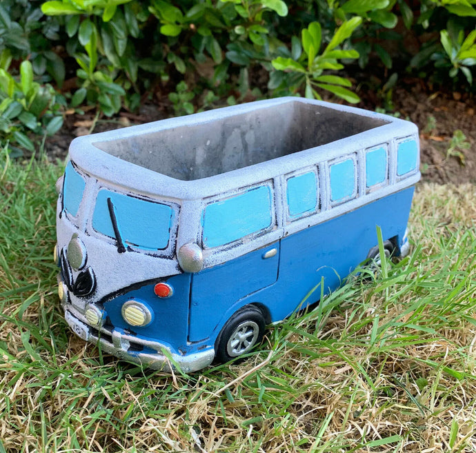 Blue VW Campervan Planter Cement Home Garden Plant Flower Seed Herb Pot