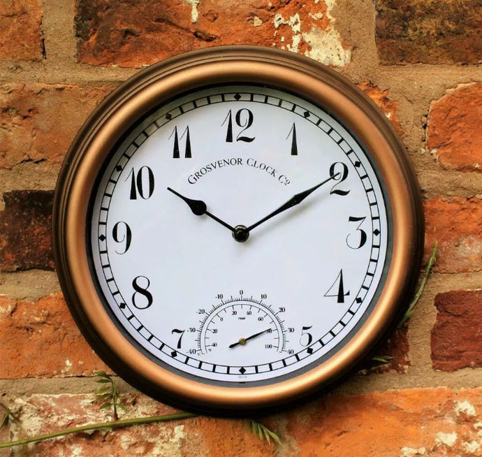 Outdoor Garden Station Wall Clock Thermometer Copper Effect